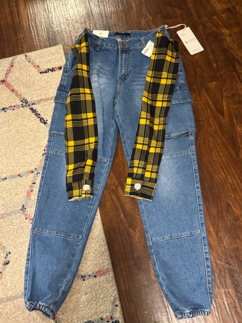 American Bazi Light Blue Denim Pants with Yellow & Black Plaid Detail